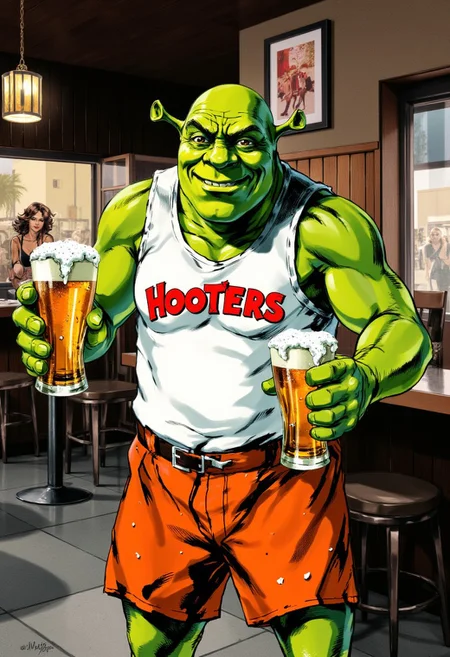 Digital illustration in a manga-inspired, dark, and gritty yshinkawa style. The artwork features Shrek, dressed in a hooters uniform (orange booty shorts and a white tank top with the Hooters logo). Shrek is holding two foaming pints of beer and smiles at the viewer. The background is the interior of a Hooters Restaurant,