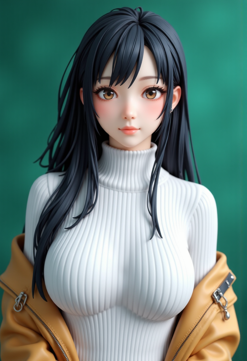 Headshots,masterpiece, a beautiful woman,Hyperrealistic, she is smiling, dynamic angles, multiple angles, photoshoot poses; A photo of Gussuma_Yukinoshita_Yukino-000001, a woman with dark hair, she has massive breasts, a beautiful girl,she is wearing a white turtleneck sweater.she has massive breasts, she has piercing eyes. a dynamic pose and a sense of action. simple green background, and the lighting is soft, creating a dramatic effect, creating a focused and dynamic pose.; the scene is set in a beautiful well-lit environment, with a sense of action and adventure. Style: realistic hyper-detailed rendering, 32k UHD, expressive eyes, punk, graphic design, girl's face, pretty and cute, gleaming lips, telling a tale of adventure. Exuding confidence and serenity. The overall mood of the image is happy and relaxed, detailed skin texture,(blush:0.2),(goosebumps:0.3), subsurface scattering,with a playful and whimsical tone,perfect hand, hand, detailed hand,niji style,retro50s_style,