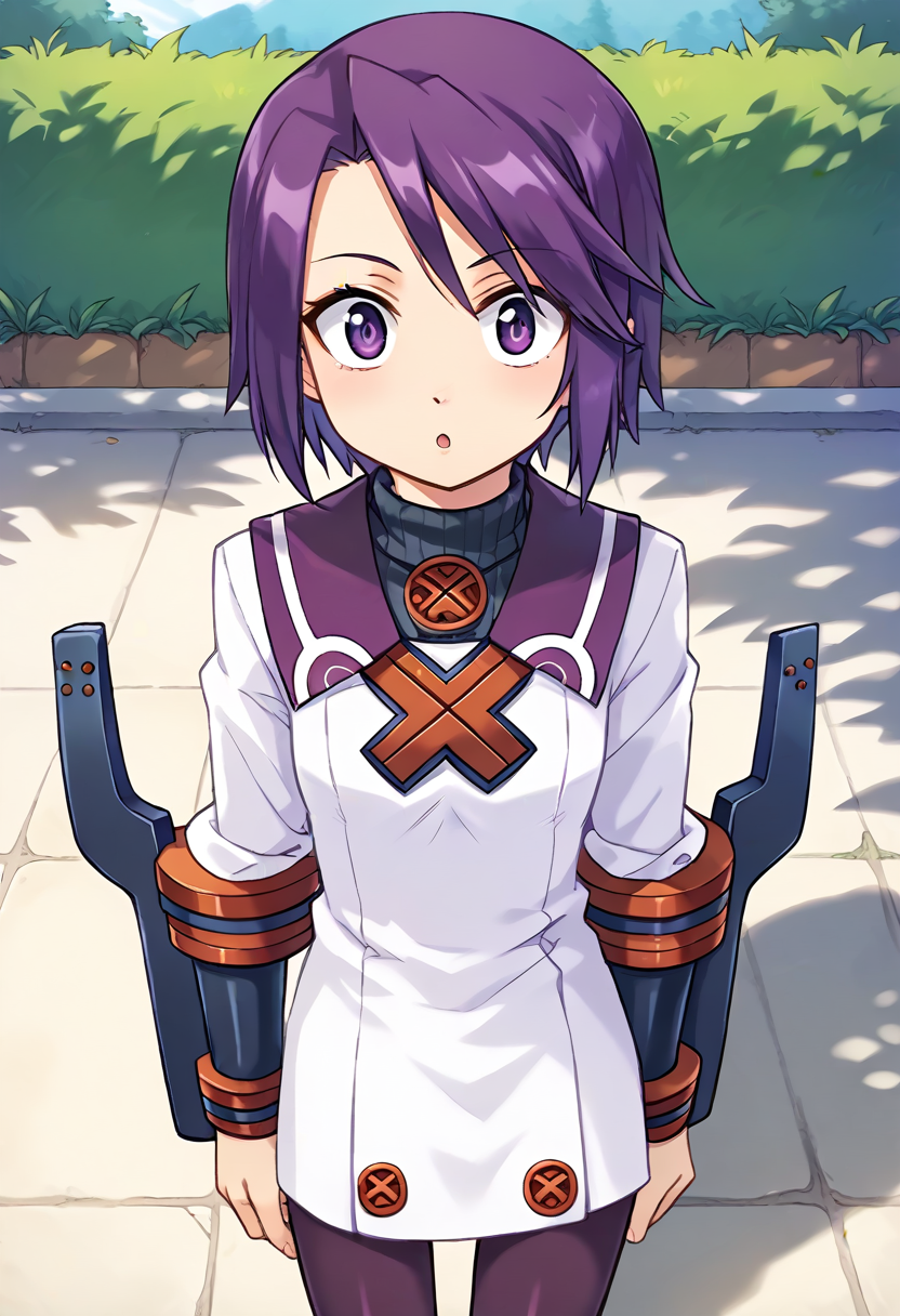 score_9, score_8_up, score_7_up, best quality, uncensored, source_anime, BREAK
1girl, toris(sn2), purple hair, short hair, purple eyes, white dress, long sleeves, toris(sn2) outfit, purple pantyhose, gauntlets, black shoes,
vanishing point, Dopey, Wide-eyed, slack-jawed, and with a goofy expression.,
looking at viewer, outdoors, 
<lora:sdxl_lightning_8step_lora:1> <lora:toris(sn2)_XL(pony):1>