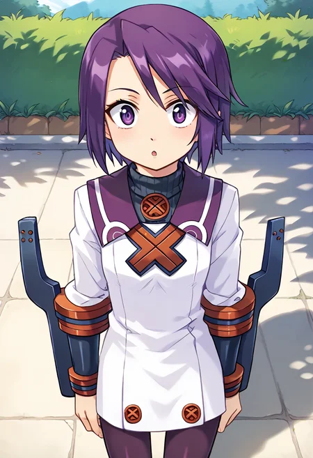 score_9, score_8_up, score_7_up, best quality, uncensored, source_anime, BREAK
1girl, toris(sn2), purple hair, short hair, purple eyes, white dress, long sleeves, toris(sn2) outfit, purple pantyhose, gauntlets, black shoes,
vanishing point, Dopey, Wide-eyed, slack-jawed, and with a goofy expression.,
looking at viewer, outdoors, 
<lora:sdxl_lightning_8step_lora:1> <lora:toris(sn2)_XL(pony):1>
