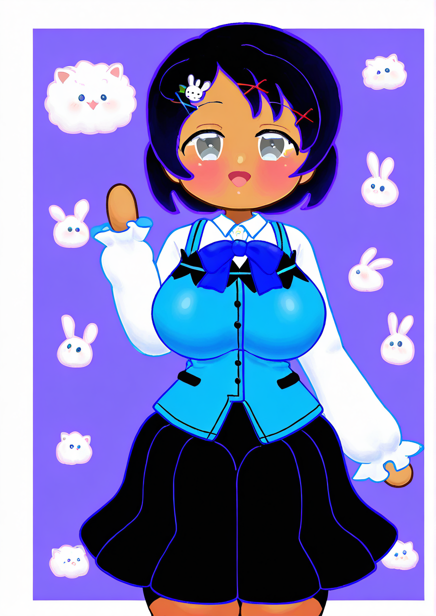 <lora:Pangotime:1.4>.1girl,huge breasts, , :d, black hair, black skirt, blue bow, blue vest, blush, border, bow, character hair ornament, collared shirt, cosplay, grey eyes, hair ornament, hairclip, hand up, kafuu chino (cosplay), long sleeves, looking at viewer, open mouth, parted bangs, pleated skirt, puffy long sleeves, puffy sleeves, rabbit background, rabbit house uniform, shirt, skirt, sleeves past wrists, smile, solo, uniform, vest, waitress, white border, white shirt, x hair ornament,  kafuu chino, sasaki chie, tippy (gochiusa),