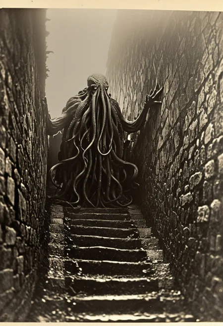 antique photo, eerie atmosphere, creepy, descent into madness, cthulhu, horror, lovecraft