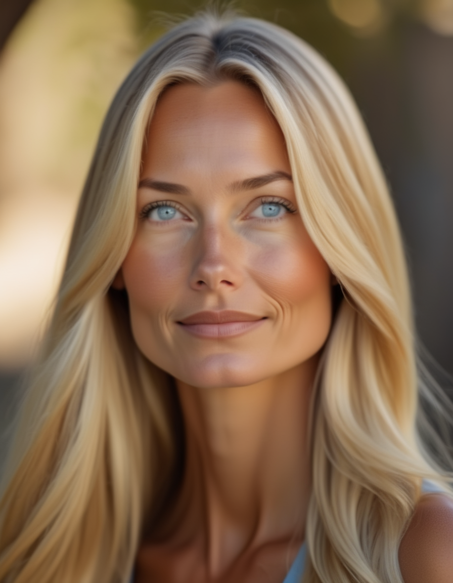 A serene profile of a woman with long, straight blonde hair, her oval face peaceful and calm, her blue eyes closed in meditation, her lips gently curved in a contented smile, exuding tranquility. <lora:usual-portrait-v2:1>