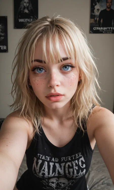4k selfie with a excited expression, goth girl, deep focus, split-diopter lens, focus on her eyes, cluttered bedroom, posters on walls, warm lighting, long shaggy blonde, bangs between eyes, dark blue eyes, freckles, blush, natural lips, natural eyes, messy hair, black eyebrows, piercings, taking a selfie, bent forward,