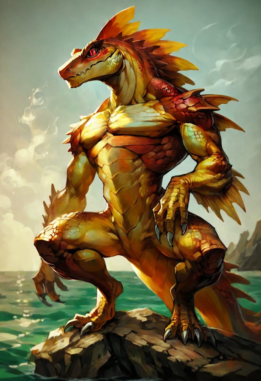 score_9, score_8_up, score_7_up, score_6_up, solo, sea, manga style, front angle, hand, squatting, spread leg, (gaze away, looking away), (lizardman, scalie, male salamander, spiked head, yellow scales, red stomach:1.2, red eyes, glow eyes, no sclera, slit pupils), (tip Thin red), strong body, sharp fang, sharp claw, crest
fin,