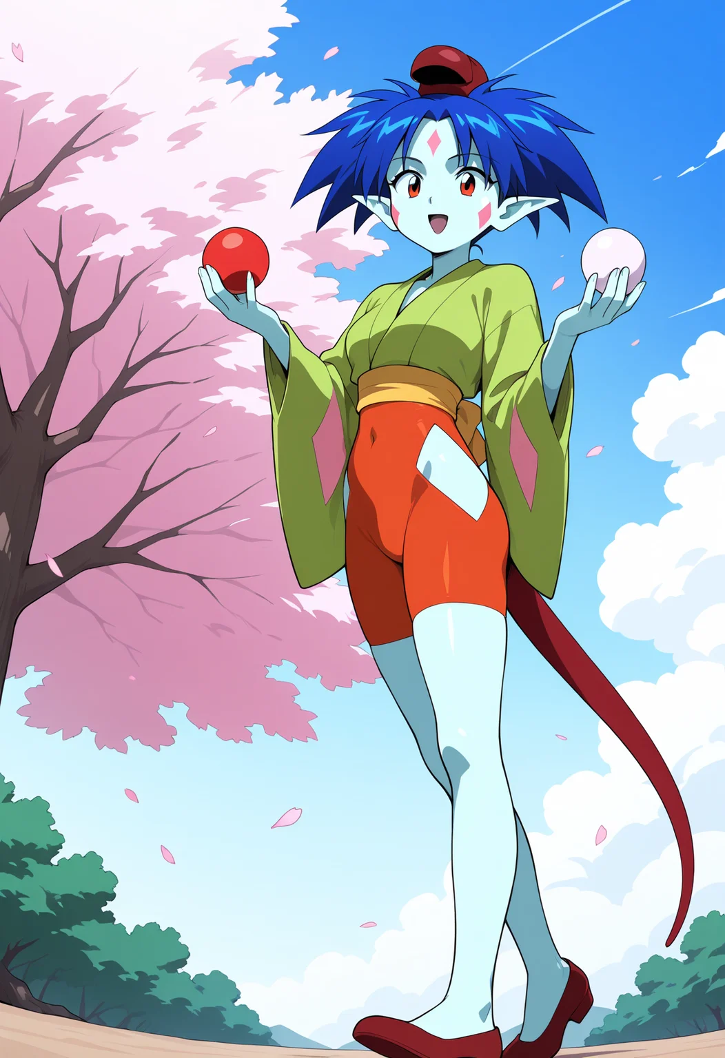 ponko, 1girl, solo, breasts, short hair, long sleeves, blue hair, green japanese clothes, pointy ears, wide sleeves, colored skin, clothing cutout, tail, facial mark, red footwear, red headwear, red eyes, 1990s, retro artstyle
BREAK
Standing, juggling, balls, happy
BREAK
outside, cherry blossoms, blue sky
BREAK
masterpiece,best quality,absurdres,very aesthetic,perspective, <lora:ponko_IL_Lora_v1:1>