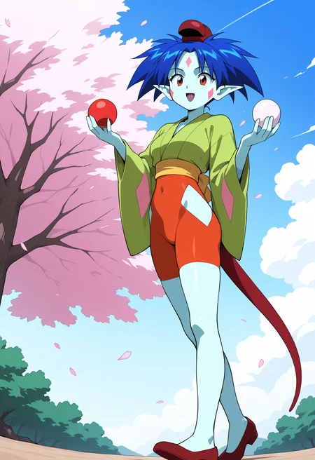 ponko, 1girl, solo, breasts, short hair, long sleeves, blue hair, green japanese clothes, pointy ears, wide sleeves, colored skin, clothing cutout, tail, facial mark, red footwear, red headwear, red eyes, 1990s, retro artstyle
BREAK
Standing, juggling, balls, happy
BREAK
outside, cherry blossoms, blue sky
BREAK
masterpiece,best quality,absurdres,very aesthetic,perspective, <lora:ponko_IL_Lora_v1:1>