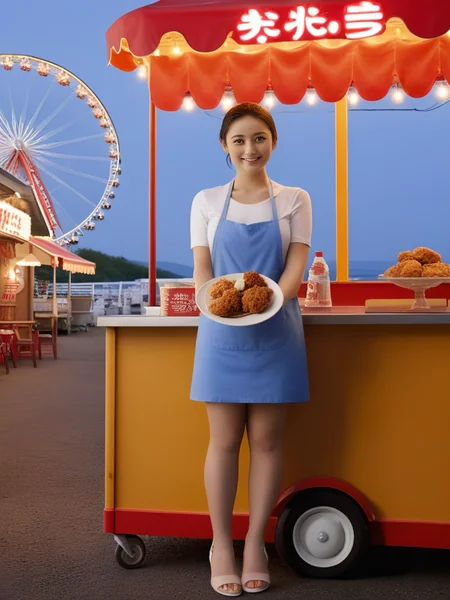 <lora:JJsFood_Stand_XL:.4>, ((Food Stand)), masterpiece , best quality,  soft lighting, high quality,   outdoors, day,  scenery, real world location, sky, wheel, Fried chicken steak,   <lora:YourSaaya_Adult_SDXL-000003:1>, ((Saaya Irie)) ,1girl, solo, full body, japanese,