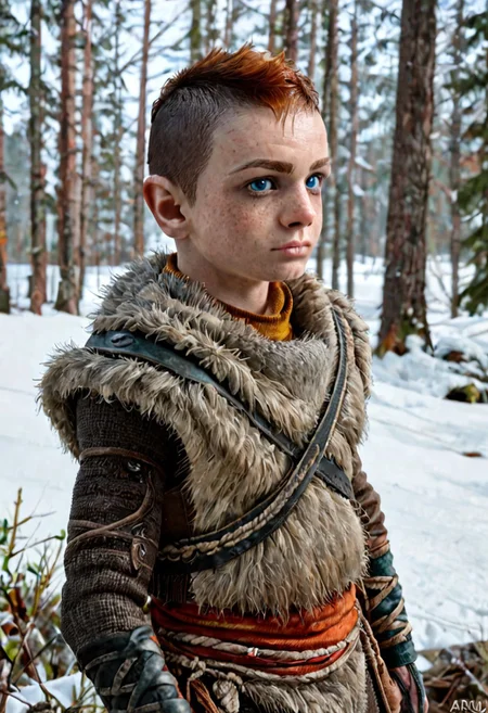 1boy, male focus, solo focus, Atreus, grey fur tunic, ginger hair, pale blue eyes, undercut, brown fur boots, snowy forest, viking,