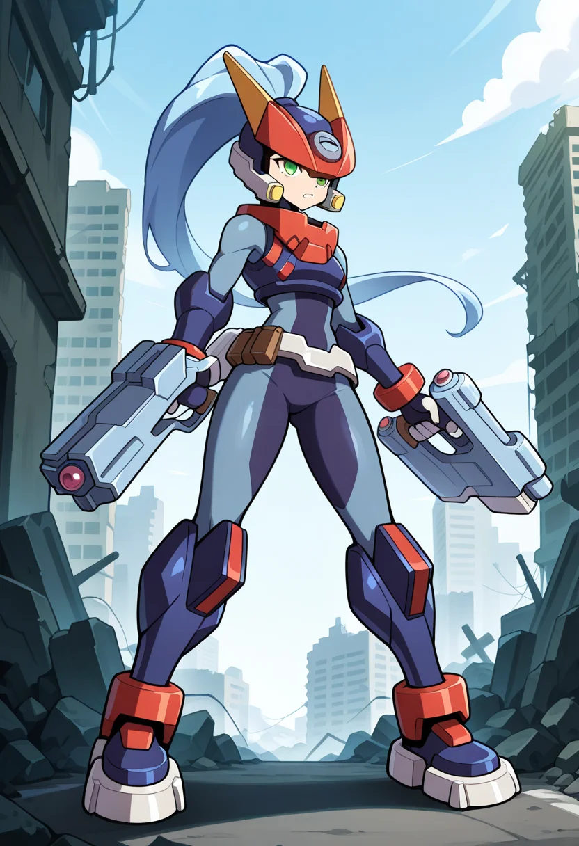 1girl, solo, modelamegarockonmerge, blue hair, long hair, high ponytail, green eyes, helmet, hair through headwear, armor, spandex, metal belt, gauntlets, armored boots, outdoors, ruined city, ruins, streetn, holding handgun, handgun, dual wielding, serious, teeth, parted lips, full body, legs apart,