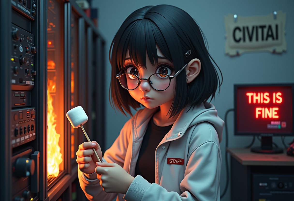 An confused girl mechanic with black hair,pale skin and tired look, wearing white jacket and the small glasses", on her jacket text says: "Staff", she is cooking a marshmallows on a stick on a burning server, several cables are broken, the sign on the wall says: "CIVITAI", server room is messy, (one server is on fire and there is some smoke), a monitor on one of the servers says: "THIS IS FINE" in big red text