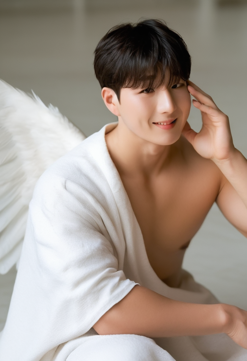 <lora:AsianGuy:0.8>, AsianGuy, (nodaeng:1.5), masterpiece, ultra-HD, cinematic lighting, photorealistic, (impressionism:1.5), high detail, depth of field, (blurred background), (dramatic lighting),masterpiece, best quality, very aesthetic,8k,masterpiece, best quality, realistic, masterpiece, best quality, 8k, <lora:PenisQuiron_illus:1>, breeze style, short hair,<lora:add_detail:1>, ((handsome man:1.2, light skin)), (focus male), ((mature man:1.3)), 
<lora:Breez_Style:0.95>, breeze style, shiny skin, fair skin, smooth skin, smile, dynamic view, The image is a stylized photograph featuring a man sitting sideways on a structure that resembles a white sculpture. He is holding onto their knees with his hands, which are positioned near the center of their body. He is wearing a flowing, white garment that drapes over one shoulder and down over the other, suggesting a classical or mythological attire, possibly inspired by the Greek gods. The person has short, straight hair that falls over their shoulders, framing their face. Their hair color is not distinctively different from their skin tone, so it may be a shade of brown. The person's skin appears fair and they are wearing a subtle, gold-toned accessory around their neck. His expression is contemplative with a slight furrowed brow and a downturned gaze, almost as if they are deep in thought or lost in a moment of introspection. The pose and the surroundings give the image a serene, ethereal quality.He has wings.