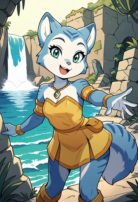 masterpiece, best quality, 1girl, solo, eyelashes, (beautiful eyes), smile, zzKrystalDino, green eyes, furry female, blue fur, blue hair, animal ears, body fur, two-tone fur, white fur, necklace, strapless dress, bare shoulders, tail, knee boots, deep jungle, stone ruins, exploring, wave, looking at viewer, wave, :D, cowboy shot, (foreshortening:1.2), <lora:KrystalDinosaurPlanet_IXL:1.0>,