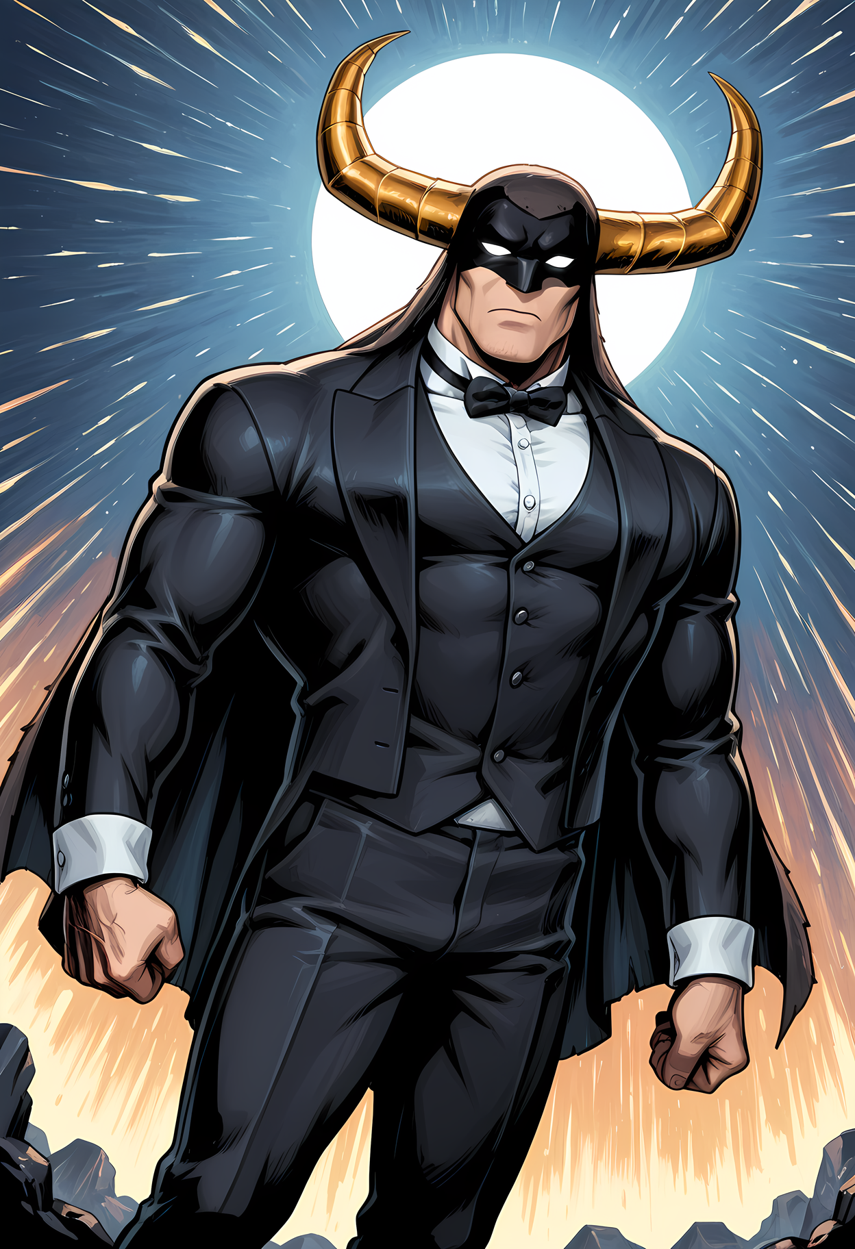 masterpiece, best quality, amazing quality, dutch angle, abstract background, BREAK
1boy, solo, male focus, hb_mightor, bara, muscular male, mask, horns, white eyes, blank eyes, black tuxedo, black bow tie, formal, BREAK
<lora:cfg_scale_boost:.6> <lora:Mightor_-_Hanna_Barbera_-_ILXL:1>