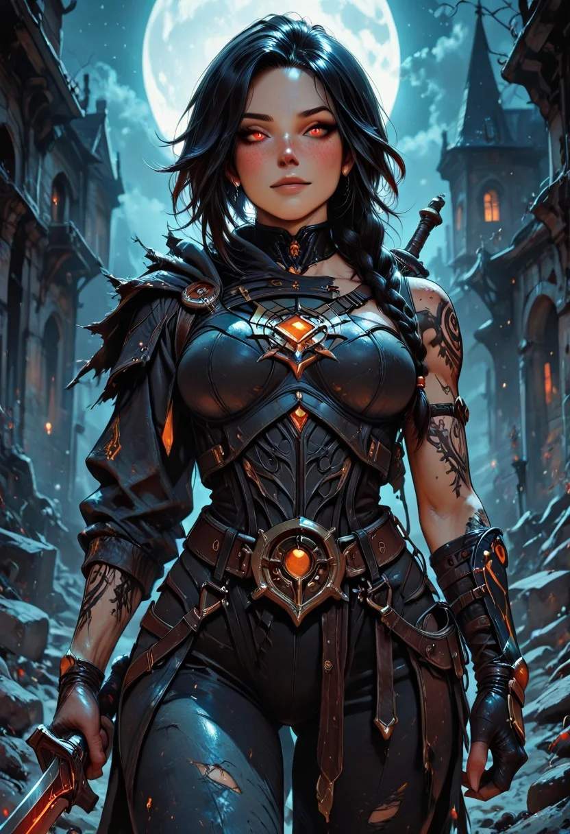 highres, very detailed, amazing quality, masterpiece,
very aesthetic, vibrant colors,
particle effect,
1girl, LunaWF, tan skin, vault, vault guardian, ancient protector, ancient weapon, hip sling, weapon on sling, hand on weapon, white braided hair, asymmetrical hair, asymmetrical sleeves, one sleeve rolled up, bicep, looking at viewer, forearm tattoo, asymmetrical clothing, beautiful eyes, eyes open, detailed eyes, freckles,
at night, night, moonlight, midnight, shadows, dark, darkness,
Cowboy shot, close up,
Front view, view from the front, facing viewer,
Tip of sword, sword extended, foreshortening,