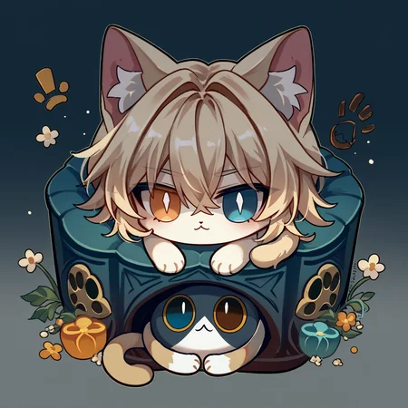 score_9, score_8_up, <lora:critterPickHonkaiStar_v10:1> hcrpick, animal, no humans, chibi, blue eyes, heterochromia, orange eyes, light blue eyes, cat ears, cat tail