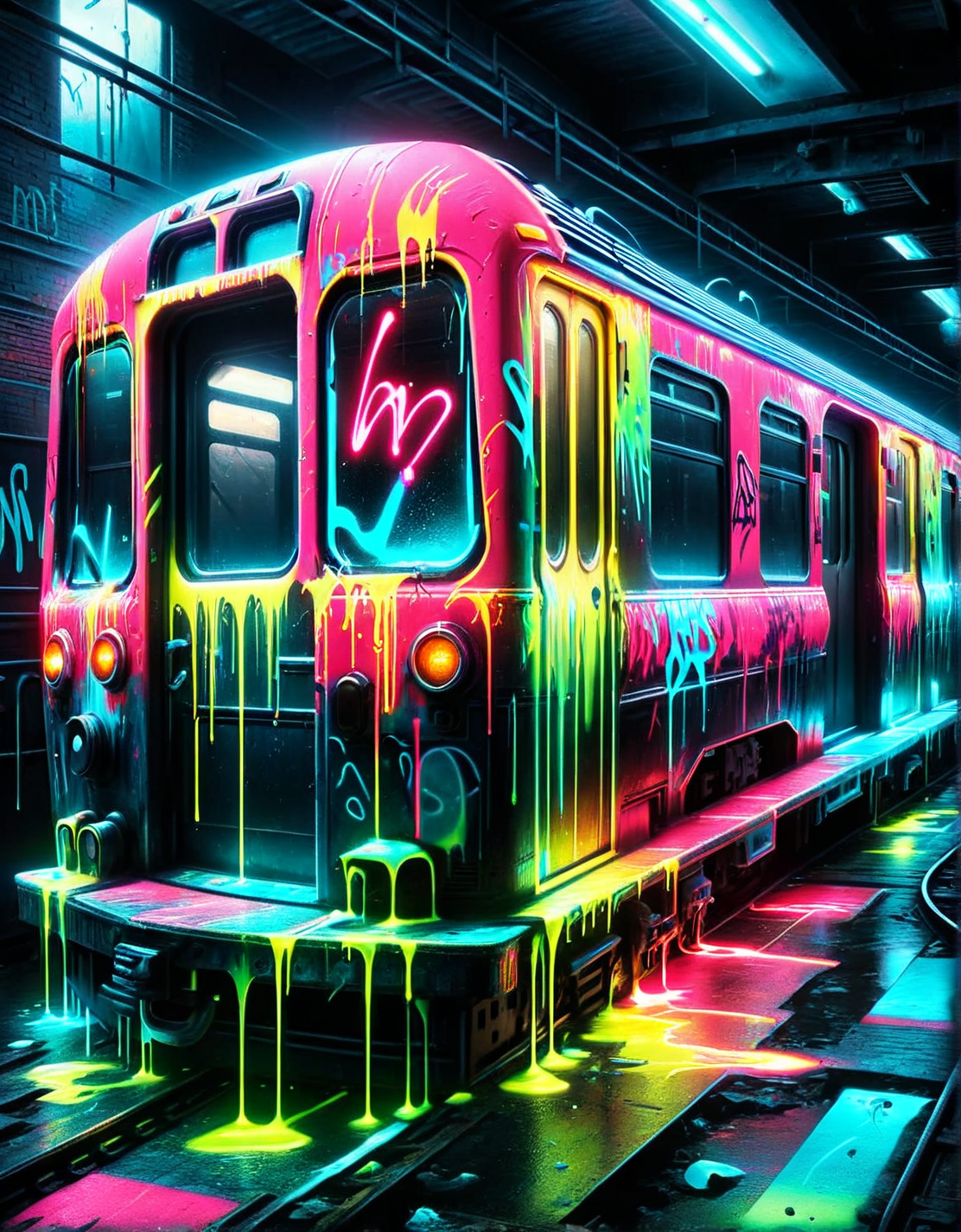 A vibrant graffiti tag on a dilapidated subway car, the spray paint blending seamlessly with a neon pink ais-nnsplsh, bringing life to the decay. <lora:ais-nnsplsh-sdxl:1>