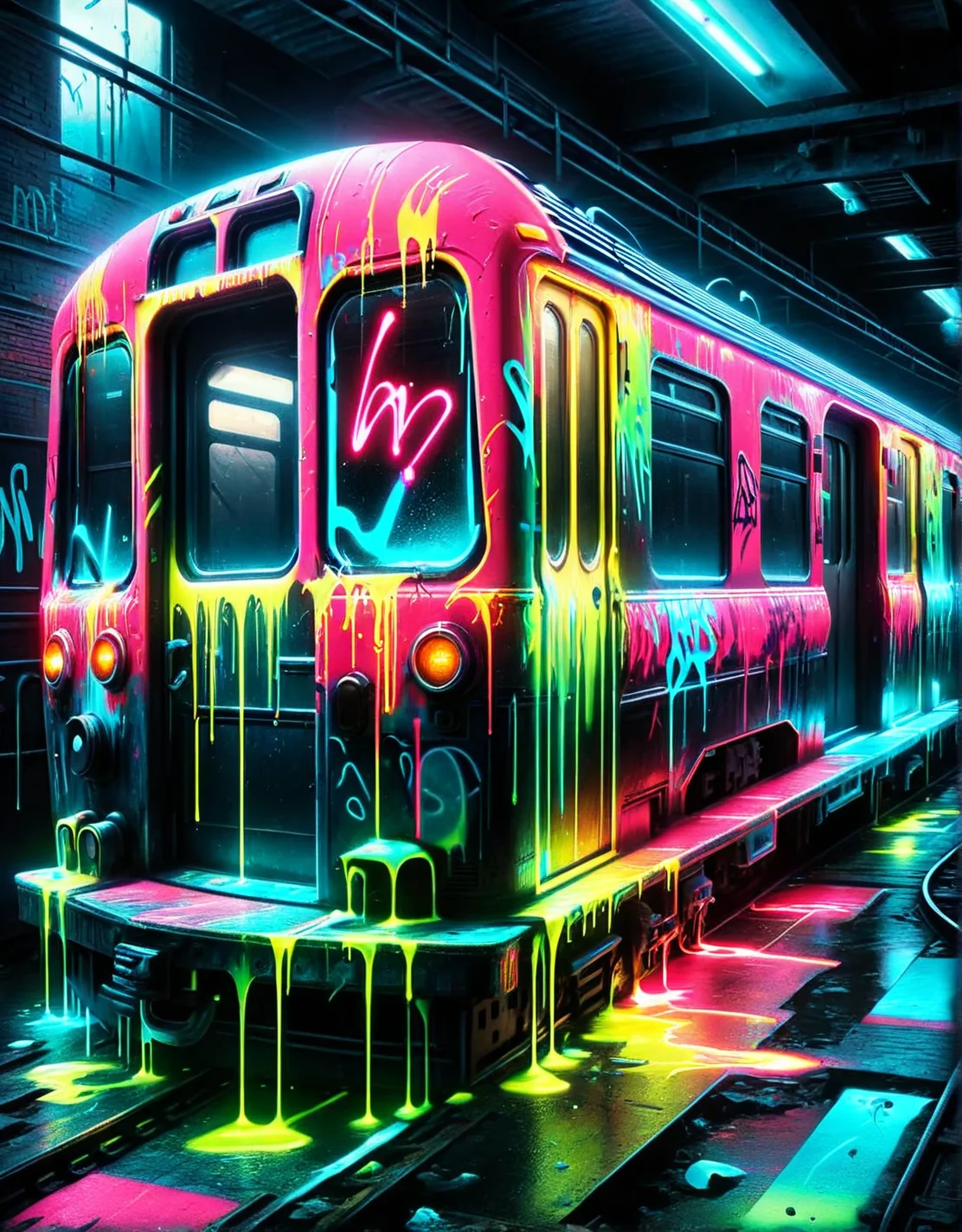 A vibrant graffiti tag on a dilapidated subway car, the spray paint blending seamlessly with a neon pink ais-nnsplsh, bringing life to the decay. <lora:ais-nnsplsh-sdxl:1>