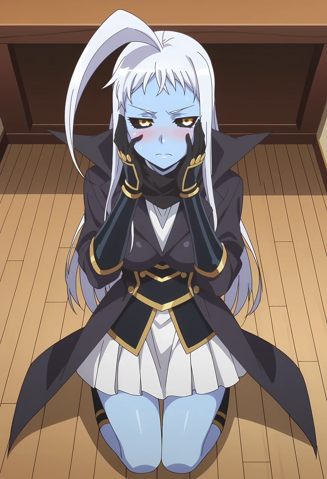 score_9, score_8_up, score_7_up, source_anime, 2d, LalaMM, 1girl, blue skin, white hair, long hair, black-yellow eyes, big breasts, black scarf, black coat, metal armor, metal gloves, white skirt, anime coloring, anime screencap, detailed eyes, zPDXL, perfect faces, uncensored, rating_explicit, <lora:lalamm_0-000035:1>, room, kneeling, embarrassed, hands on face, looking away, pov, from above,