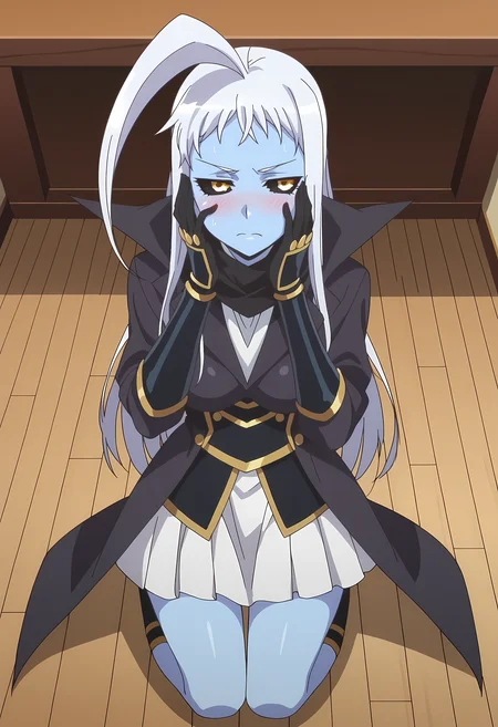 score_9, score_8_up, score_7_up, source_anime, 2d, LalaMM, 1girl, blue skin, white hair, long hair, black-yellow eyes, big breasts, black scarf, black coat, metal armor, metal gloves, white skirt, anime coloring, anime screencap, detailed eyes, zPDXL, perfect faces, uncensored, rating_explicit, <lora:lalamm_0-000035:1>, room, kneeling, embarrassed, hands on face, looking away, pov, from above,