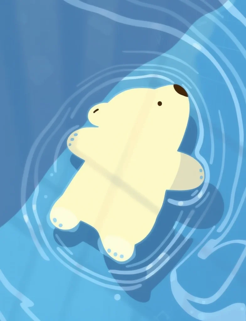 In a colorful illustration, a cute chibi polar bear is swimming in the water, in the sunlight, beautiful light and shadow of the waves