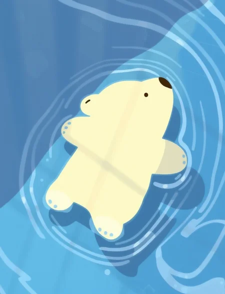 In a colorful illustration, a cute chibi polar bear is swimming in the water, in the sunlight, beautiful light and shadow of the waves