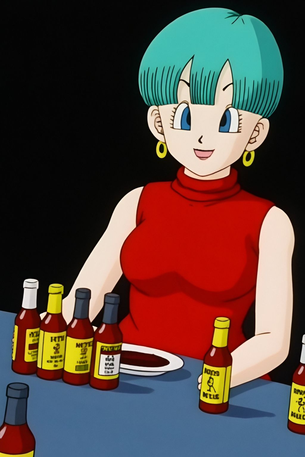 olderbulma, green hair,  hotones, closeup, 1girl, solo, sitting, bottles of hot sauce, plate of hot wings on table, black background, wearing a red turtleneck dress, sleeveless,
 looking at someone, smiling