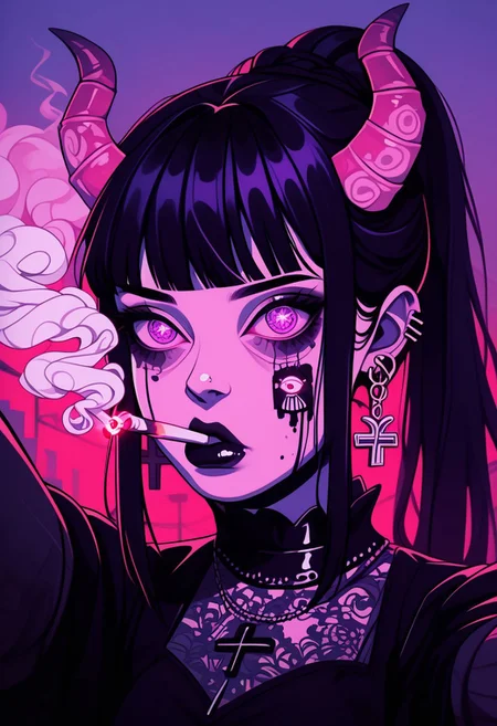 score_9, score_8_up, score_7_up, score_6_up,1girl
hinata hyuga, black hair, long hair, fringe cut, ponytail hairstyle, purple eyes, soni horn, link horns,
pastel paint, vamp style, taking a selfie, detailed, near to the sea, up a bridge, goth clothes, goth dress, cross earrings, fangs, jewel eyes,cold tones,
goth core, vamp goth, goth style, black dress, lollita dress, smoking a cigarette, cigarette in mouth, melting, vapor, smoke, glitch, horror (theme), glowing, zPDXL2, smoke from eyes, red smoke, horror in the smoke, evil faces, horror,
standing, detailed eyes, beautyfull face,
outdoor,