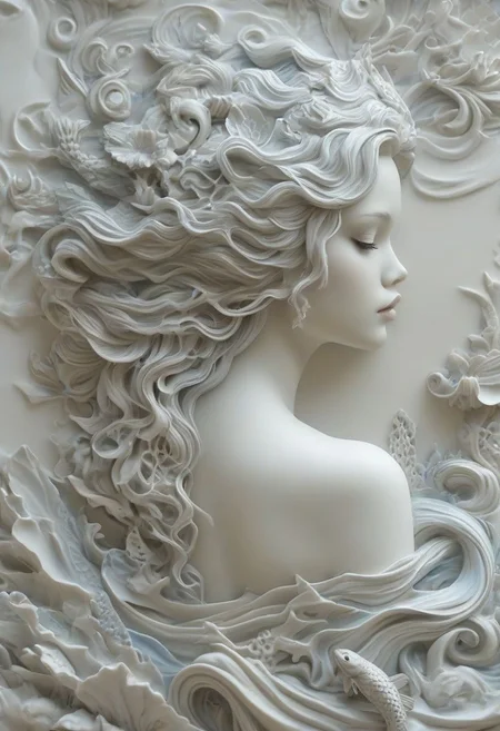 (best quality), (highly detailed), (masterpiece), (ultra-detailed), 8k, photo realistic, RAW photo, a beautyfull mermaid tattoo Relief on the back of a woman comes to life, blue and white hair, long hair, (close up on the back of a young woman), close shot, highly structured