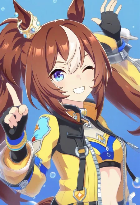 made_of_bubbles, twintails, bubble gum fellow \(umamusume\), 1 girl, solo, umamusume, animal_ears, bubble_gum_fellow_(umamusume), 1girl, ;), black_gloves, blue_background, blue_eyes, breasts, brown_hair, ear_ornament, fingerless_gloves, gloves, grin, horse_ears, horse_girl, index_finger_raised, jacket, long_hair, long_sleeves, looking_at_viewer, one_eye_closed, open_clothes, open_jacket, small_breasts, smile, upper_body, very_long_hair, yellow_jacket
horse_ears, anime, open_mouth
