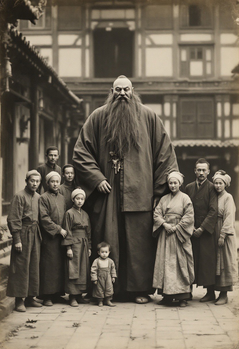 A high-quality photo has captured a large courtyard in rural China where several villagers pose with a strange creature. The creature is three meters tall, dressed in ancient Hanfu, with a long beard and a solemn expression. It is an old black and white sepia photo, from late 19th century