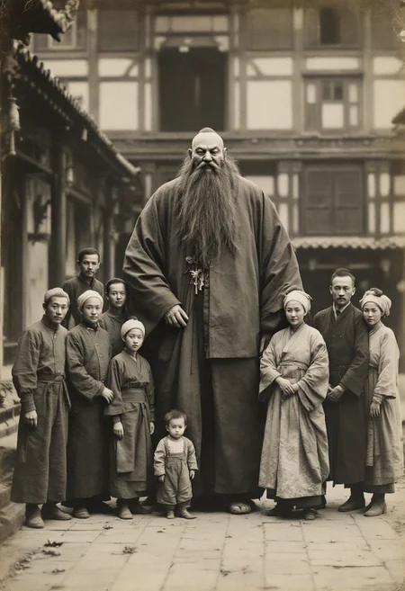 A high-quality photo has captured a large courtyard in rural China where several villagers pose with a strange creature. The creature is three meters tall, dressed in ancient Hanfu, with a long beard and a solemn expression. It is an old black and white sepia photo, from late 19th century