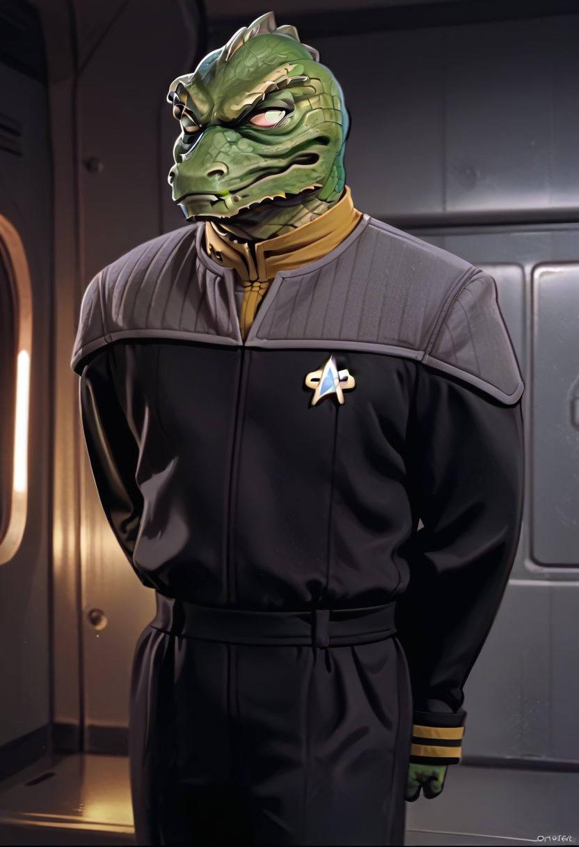 score_8_up, source_anime, solo, 1boy,  gorn, gorn male, (blank eyes), scales, green skin, starship interior, hands behind back, closed mouth, portrait, [smile], raised eyebrow, fang, 
ds9st,black and grey star trek uniform,grey shoulders,yellow neck,yellow strip at wrist,black jumpsuit,long black sleeves,black pants
 <lora:Gorn_-_Star_Trek_SDXLPony:0.8>  <lora:ponyDS9:1>