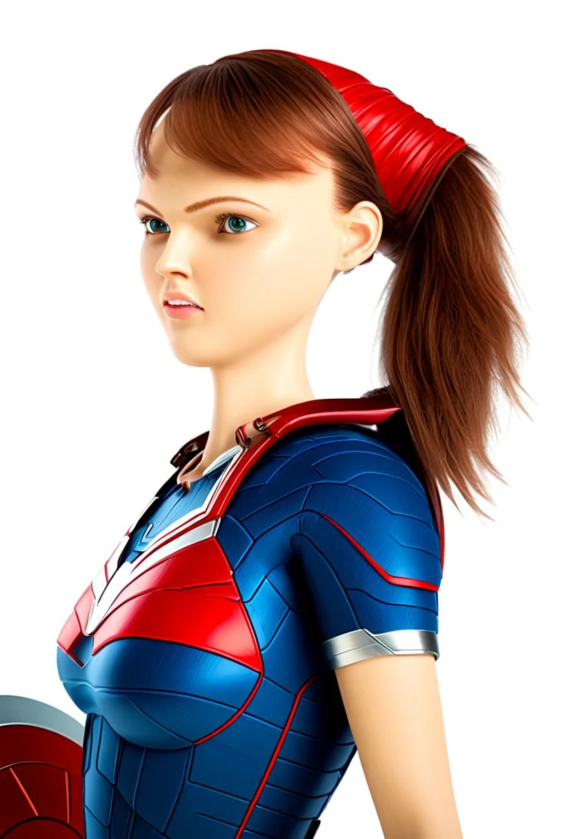 close view, extraordinarily pretty woman dressed as Captain America, powered futuristic outfit, red and blue suit, ponytail, holding round shield, swept bangs, white background, simple background