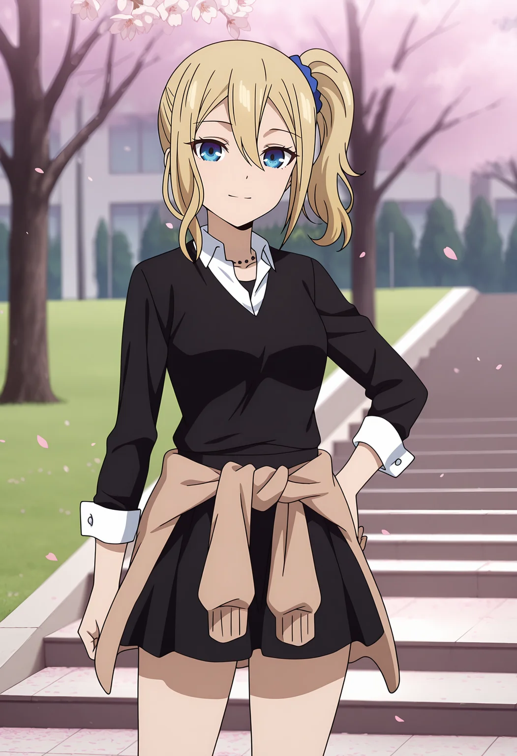 anime screencap, masterpiece, best quality,
<lora:Kaguya-samaWaKokurasetai_HayasakaAi_IlluXL:0.9>,
1girl, solo, closed mouth, light smile,
side ponytail, hair between eyes, long hair, blonde hair, blue eyes, hair scrunchie, blue scrunchie,
winter uniform, black sweater, necklace, collared shirt, long sleeves, sleeve cuffs, cardigan around waist, brown cardigan, miniskirt, black skirt,
floating clothes, wind,
hand on own hip, standing, looking at viewer, cowboy shot,
cherry blossoms, falling petals, grass, tree, school, stairs, outdoors, photo background, blurry background
