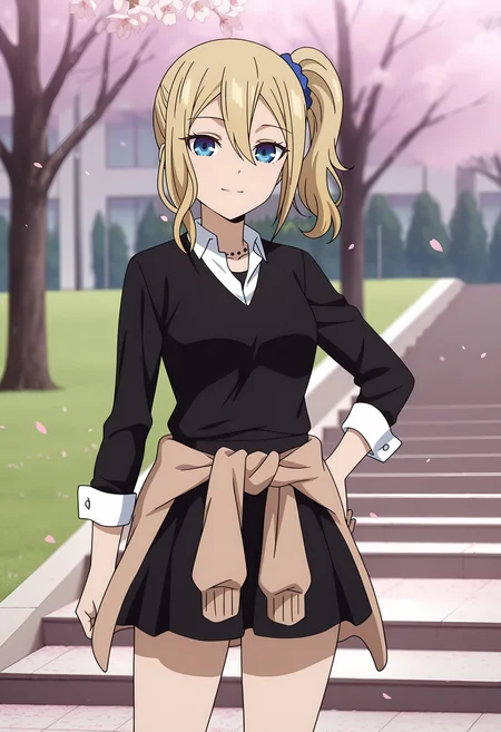 anime screencap, masterpiece, best quality,
<lora:Kaguya-samaWaKokurasetai_HayasakaAi_IlluXL:0.9>,
1girl, solo, closed mouth, light smile,
side ponytail, hair between eyes, long hair, blonde hair, blue eyes, hair scrunchie, blue scrunchie,
winter uniform, black sweater, necklace, collared shirt, long sleeves, sleeve cuffs, cardigan around waist, brown cardigan, miniskirt, black skirt,
floating clothes, wind,
hand on own hip, standing, looking at viewer, cowboy shot,
cherry blossoms, falling petals, grass, tree, school, stairs, outdoors, photo background, blurry background