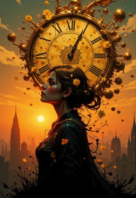 DGC style digital illustration, Magic style,
Close-up.photorealistic art, abstract contemporary theme, silhouette of a beautiful woman among golden clock fragments against a vibrant sunset, interplay of dynamic geometry and the calm of evening, realistic depiction of a shining sky intermingling with bold abstract forms, golden hues of the setting sun merging with splashes of geometric color, mournful theme illuminated by soft, fading light, shadows lengthening in dance with abstract forms, the stark reality of the woman's silhouette harmonizing with the surrealism of fragments of time, a visual symphony of the end of the day and emotional depth, combining the stark clarity of a photograph with the fluidity of contemporary art, evoking both the loss and beauty of the moment, capturing the ephemerality of time in the glow of twilight, a masterpiece at the intersection of realism and abstraction.