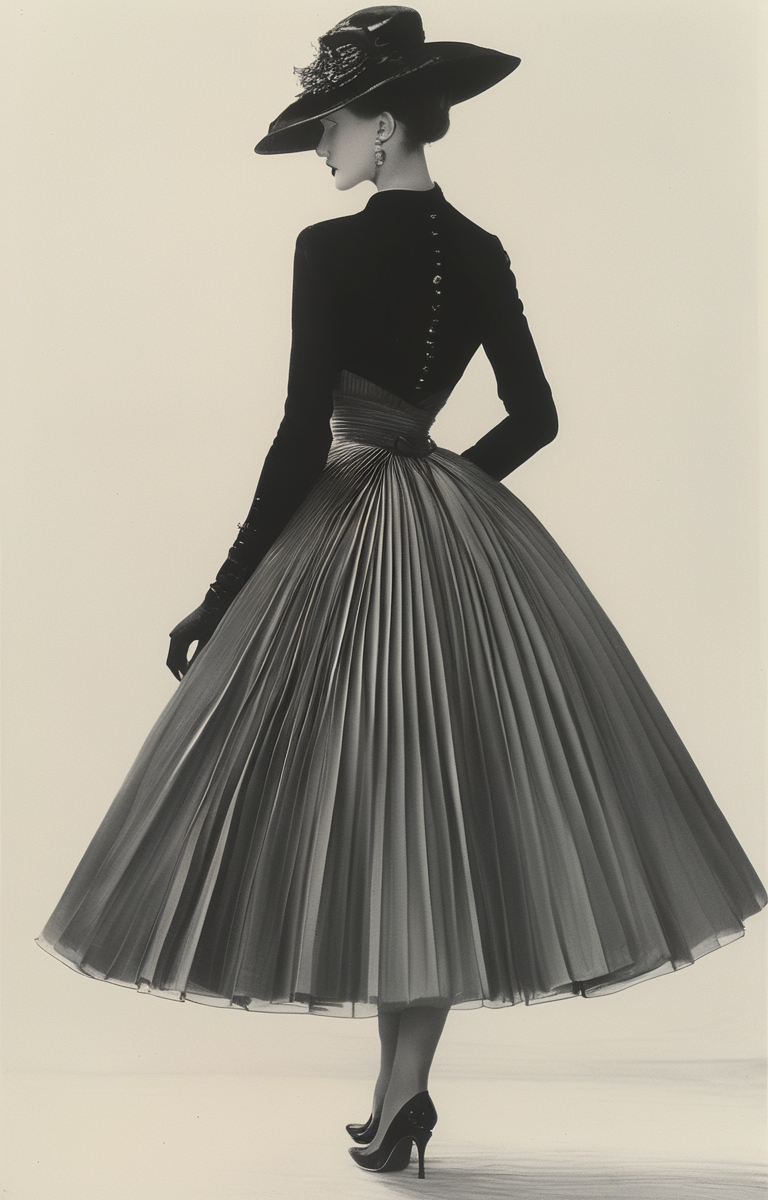 masterpiece,best quality,<lora:tbh322-sdxl:0.9>,illustration,style of Christian Dior Dior's iconic 'New Look' silhouette, cinched waist, full skirt, 1950s glamour, Paris fashion week