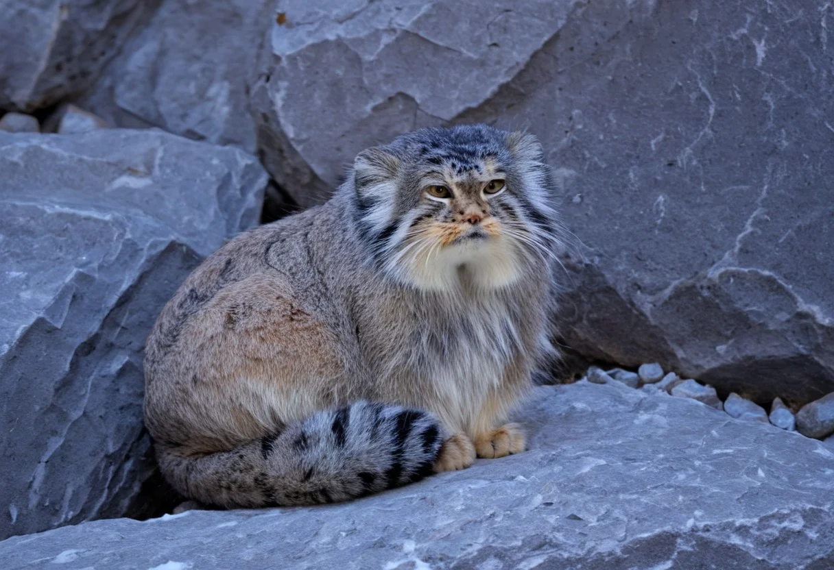a closeup photo of a confuse manul on a rocky rock, Otocolobus manul, looking at camera, confused, curled up, background of rocks, few snowy rocks, snow, light snowfall, tree trunks or something gray