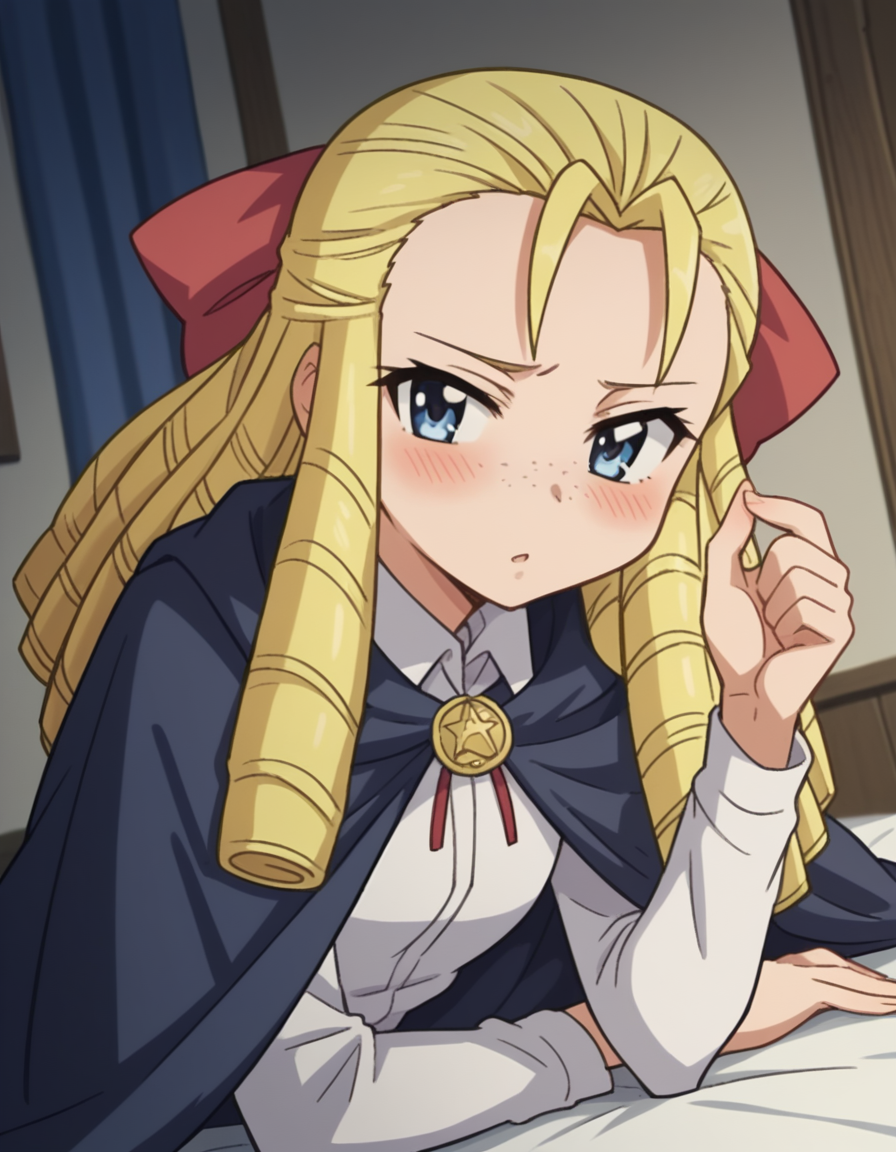 score_9, score_8_up, score_7_up, source_anime,
montmorencymargaritalaferedemontmorency, <lora:montmorency-margarita-la-fere-de-montmorency-s3-ponyxl-lora-nochekaiser_r2:1>,
montmorency margarita la fere de montmorency, long hair, blonde hair, bow, hair bow, drill hair, forehead, freckles, hair pulled back, ringlets,
skirt, thighhighs, long sleeves, collared shirt, white shirt, black skirt, cape,
indoors, bed, bed room, on side, blush, drunk,
looking at viewer, cowboy shot, solo, dutch angle