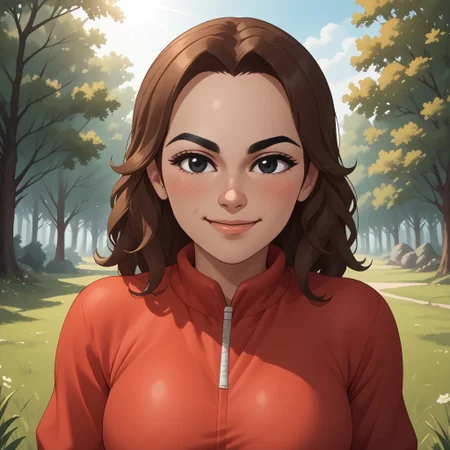 score_9, score_8, BREAK, solo, wii, mii, wii sports, 1girl, female mii, brown hair, black eyebrows, black eyes, blush, red clothing, white pants, shoes, breasts, nintendo mii, modern_mii, classic_mii, Maria_(Wii_Sports), cute, sexy pose, self portrait, smile, outdoors, sunlight, shadows, evening lighting, natural lighting, forest, trees, grass, orange sky, sunset