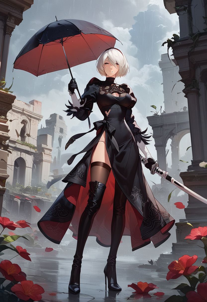 2b,(nier automata), score_9, score_8_up, score_7_up, 1girl, source_anime, 
expressiveh
Wearing a black leather coat with a black shirt with a black tie and black dress trousers and heels,holding an black umbrella,holding her sword in the other hand,standing in a rainy destroyed city,ruins filled with plants