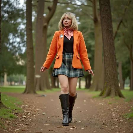 Faded Polaroid Photo, analog film photo <lora:AshleyR4:0.8> aslx, costume, aslx, a woman wearing an ashley graham costume with orange jacket, plaid skirt, black boots, blond hair styled in a bob, she's in a forest, walking slowly, ultra detailed, ultra realistic, ultra quality, cinematic, cinematic lighting, ultra detailed <lora:SAbrina Carpenter-V1x1:1> s4br1n4c . faded film, desaturated, 35mm photo, grainy, vignette, vintage, Kodachrome, Lomography, stained, highly detailed, found footage, analog, old faded photo, old polaroid, RAW candid cinema, 16mm, color graded portra 400 film, remarkable color, ultra realistic, textured skin, remarkable detailed pupils, realistic dull skin noise, visible skin detail, skin fuzz, dry skin, shot with cinematic camera