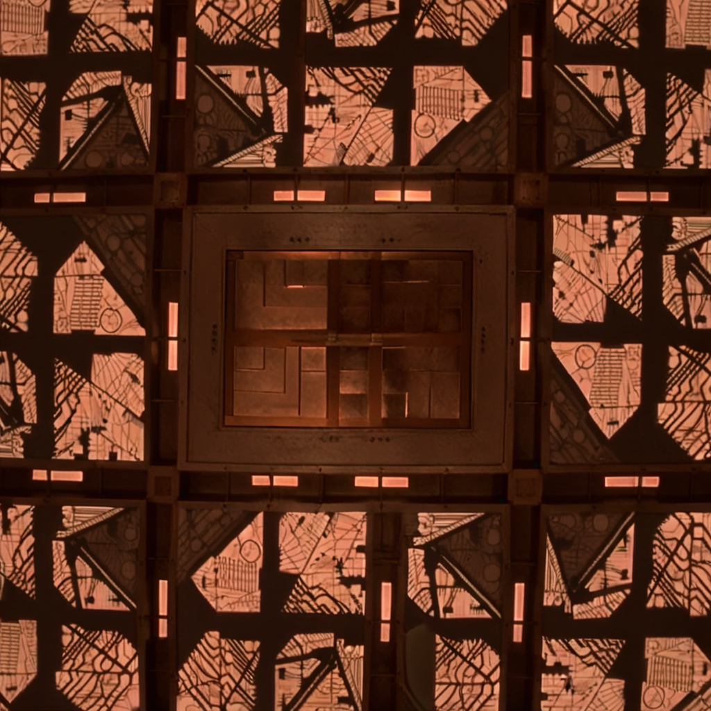 cpollcubemovie, cpollcubeorange, full room, wide view, frontal view, symmetrical layout, abstract squares, glowing walls, confined space, claustrophobic, closed hatch, "A 5x5x5 meter orange room, viewed from a wide-angle perspective. The POV is straight into the room, showing an empty space with no people. The room features identical, symmetrical walls with abstract square patterns. In the center of each wall is a closed, square metal hatch. The orange walls have a glowing effect, creating a confined space and a sense of claustrophobia."