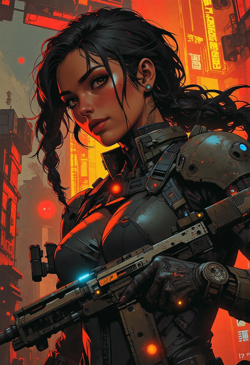 magnificent, closeup portrait, female bounty hunter, braided black hair, two tone hair, highlights in hair, futuristic armor, sci-fi, sleek armored bodysuit, shoulder plates, hip plates, sexy, curvy, large breasts, large ass, rifle, aiming rifle, pointing rifle, Cyberpunk City, Neon Lights, foreshortening,
looking at viewer, solo, smirk, cocky smirk, godrays, raytracing, 
Cowboy Shot, close up, from above,