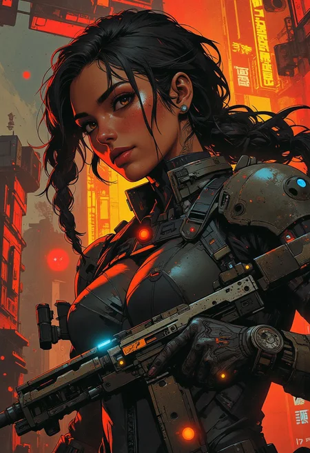 magnificent, closeup portrait, female bounty hunter, braided black hair, two tone hair, highlights in hair, futuristic armor, sci-fi, sleek armored bodysuit, shoulder plates, hip plates, sexy, curvy, large breasts, large ass, rifle, aiming rifle, pointing rifle, Cyberpunk City, Neon Lights, foreshortening,
looking at viewer, solo, smirk, cocky smirk, godrays, raytracing, 
Cowboy Shot, close up, from above,