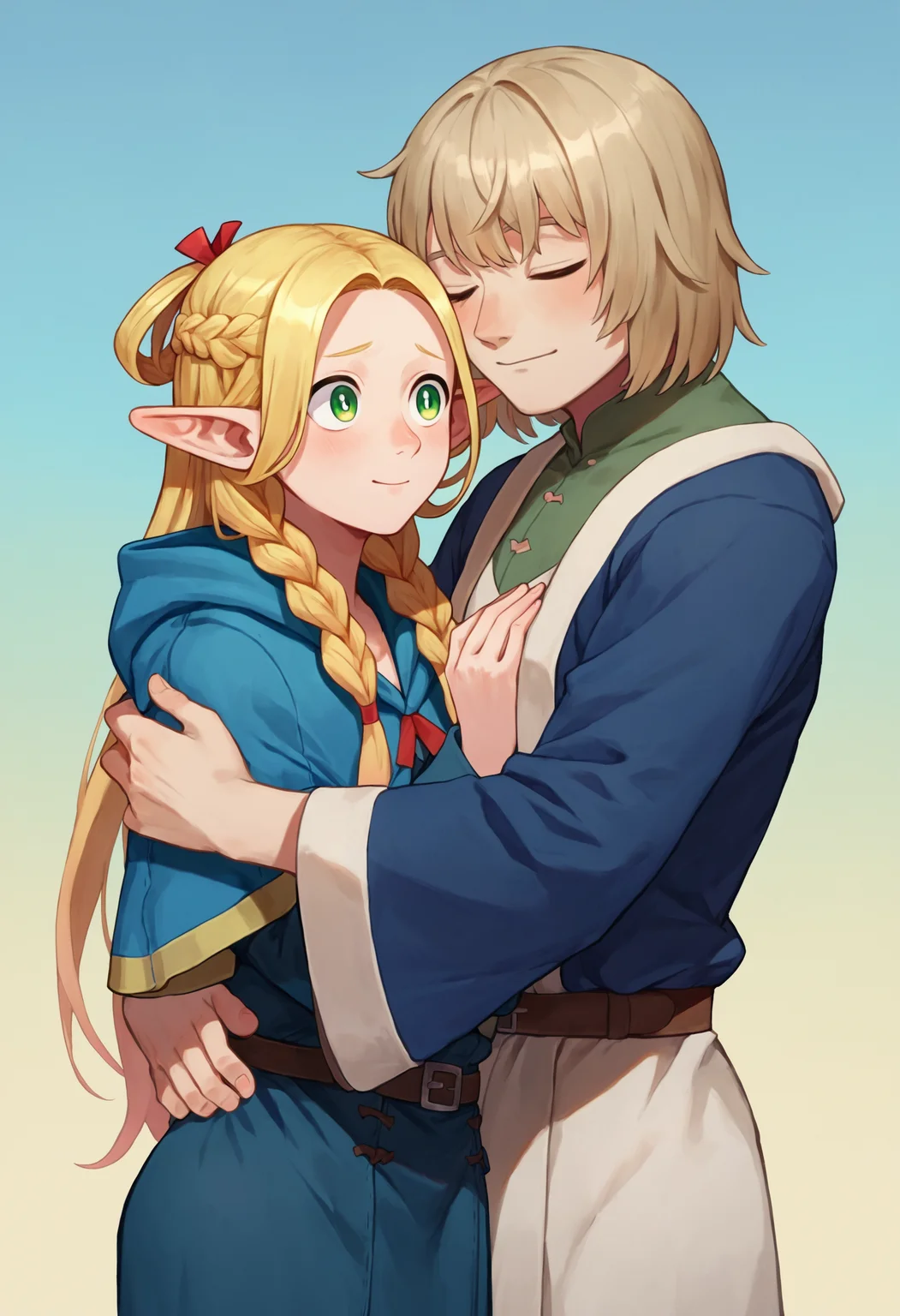 score_9_up score_8_up score_7_up, 2girls hug
BREAK
1girl falin, blue jacket shirt robe wide sleeves
BREAK
1girl marcille, blue capelet blue robe belt, french braid twin braids
<lora:falin_marcille_pony_d16:1>