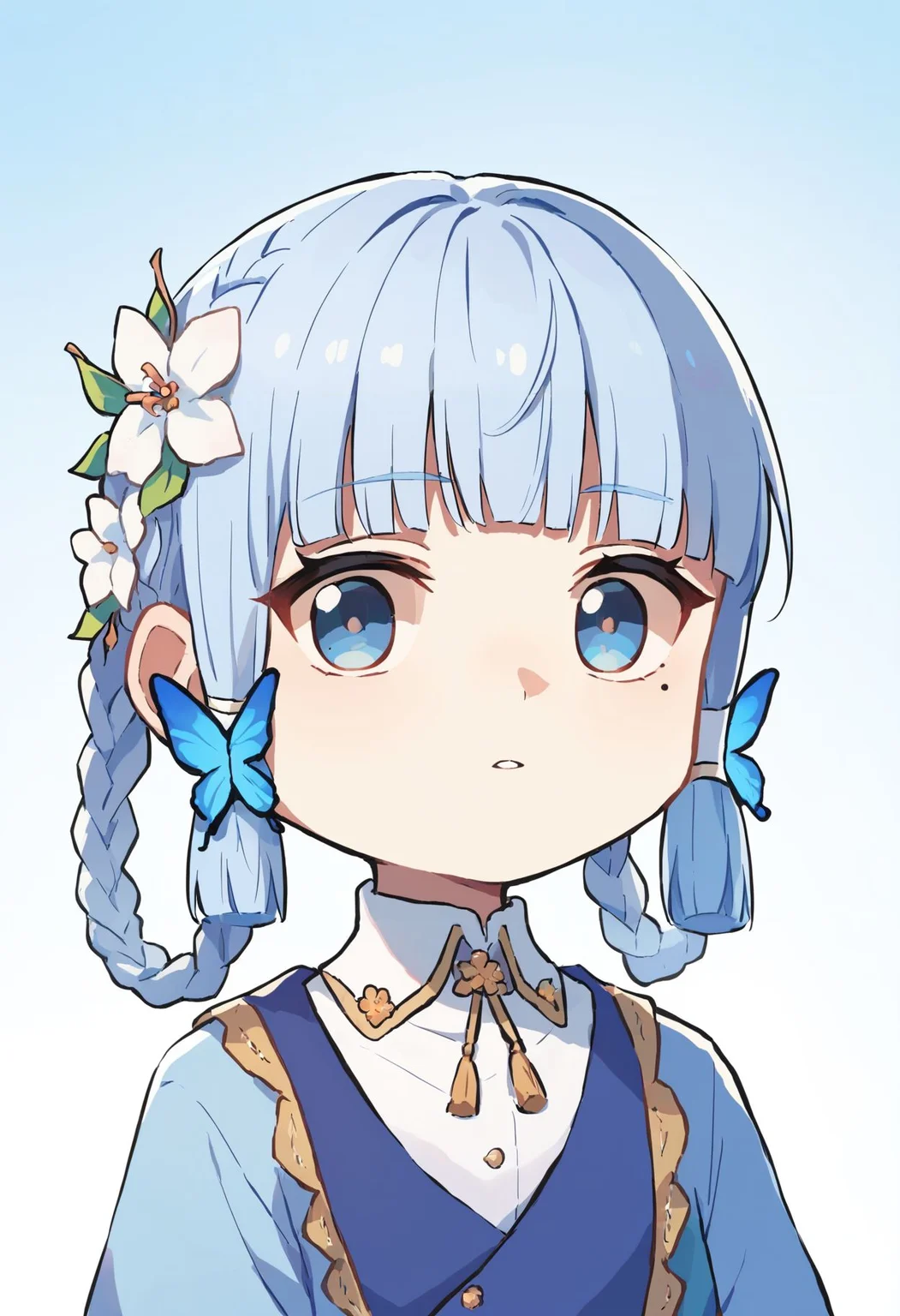 score_9,score_8_up,score_7_up, <lora:xinzoruo_style_pdxl_goofy:1>1girl, kamisato ayaka, butterfly hair ornament, braid, hair flower, portrait, chibi, gradient background, parted lips, mole under eye, braided hair rings, official alternate costume, blunt bangs, official alternate hairstyle, blue eyes, white flower, simple background, white collar