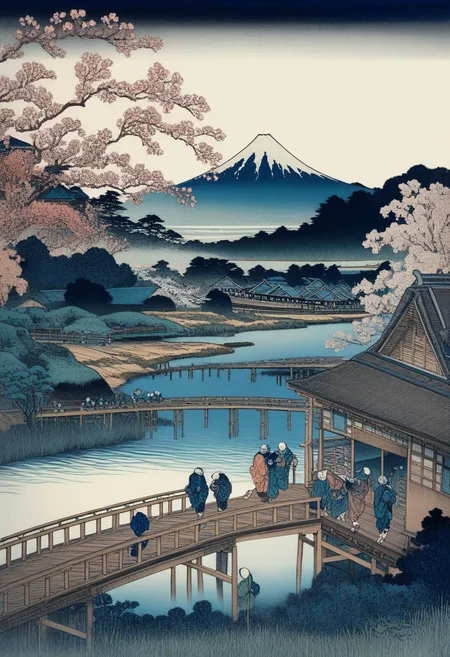 panoramic scenery, wooden bridge, river, mount fuji, house, people, cherry tree, (best quality), woodcuts, highly detailed, KHsty-XL <lora:KHsty-XL-v3-AN:0.7>
