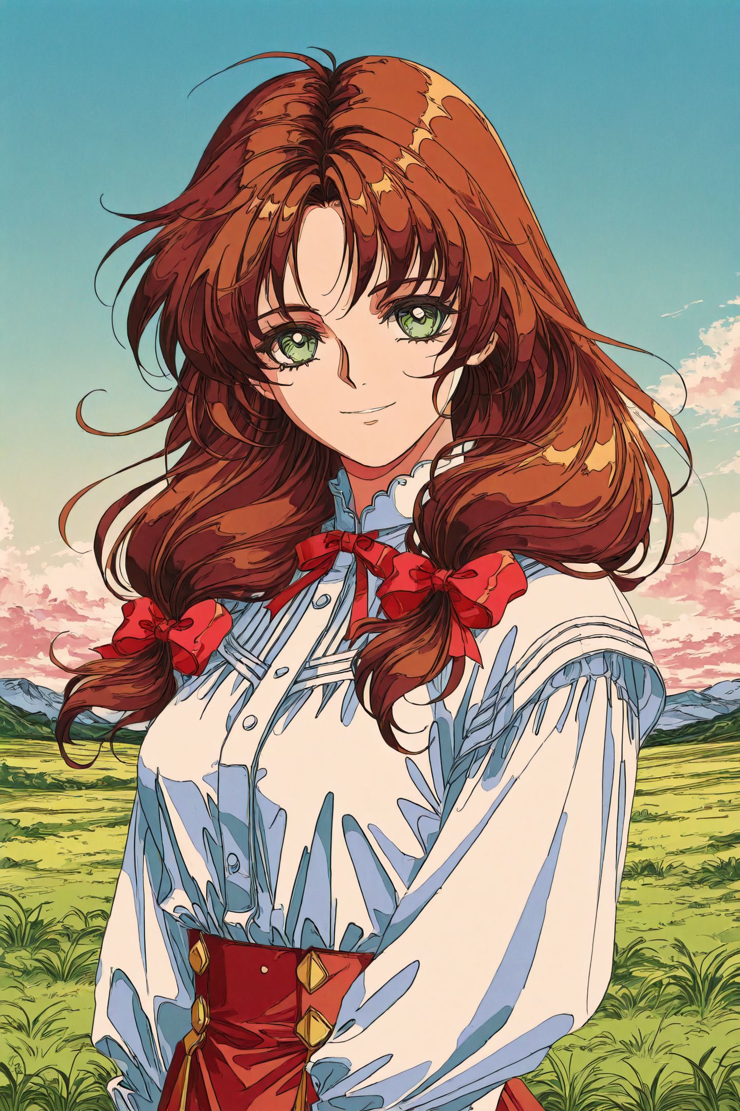 Rin Sin Style,Mew,1girl,solo,green eyes,brown hair,ribbon,long hair,outdoors,long sleeves,smile,day,upper body,looking at viewer,retro artstyle,sky,wind,hair ribbon,twintails,grass,bow,hair bow,1990s \(style\),
<lora:Words Worth_Lite_illustriousXL:0.6>,
<lora:nest virgo_illustriousXL:1.5>,